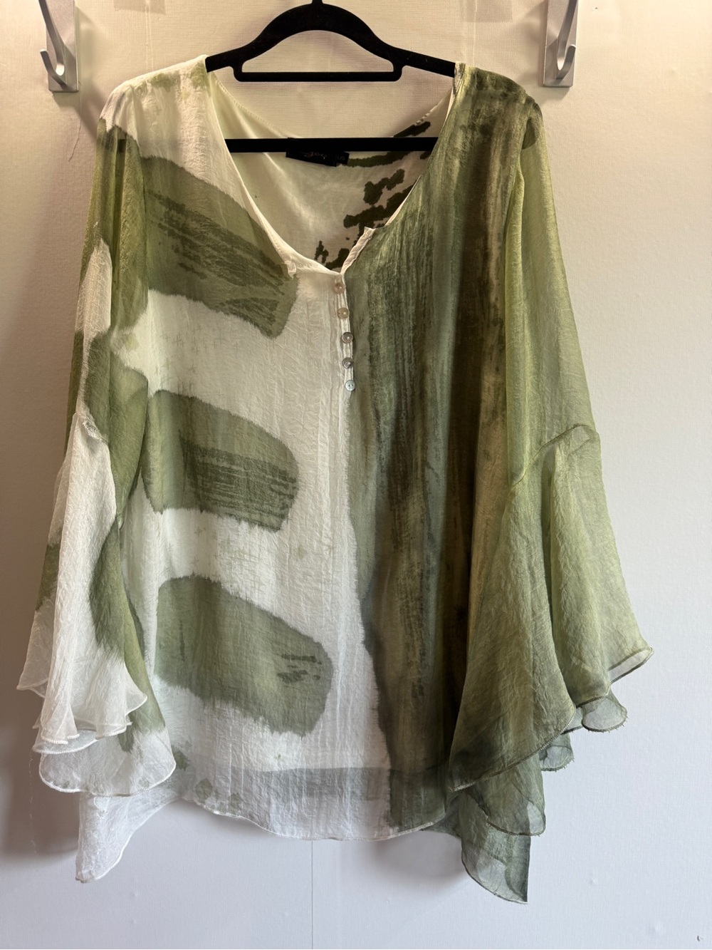 Goa Women’s L Sage Green White Sheer Layered Bell Sleeve Boho Tunic Top